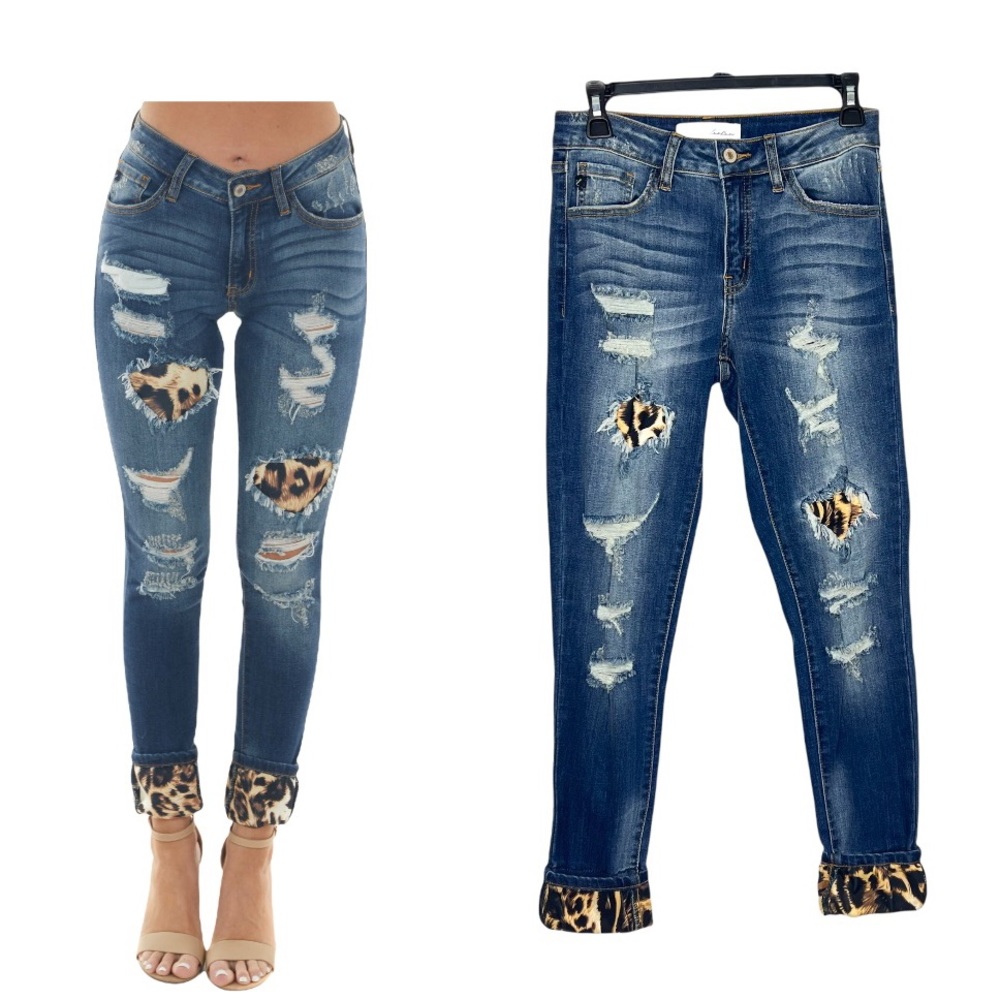 Kancan Vienna Leopard Print Distressed Patch Mid Wash Jeans Size 26